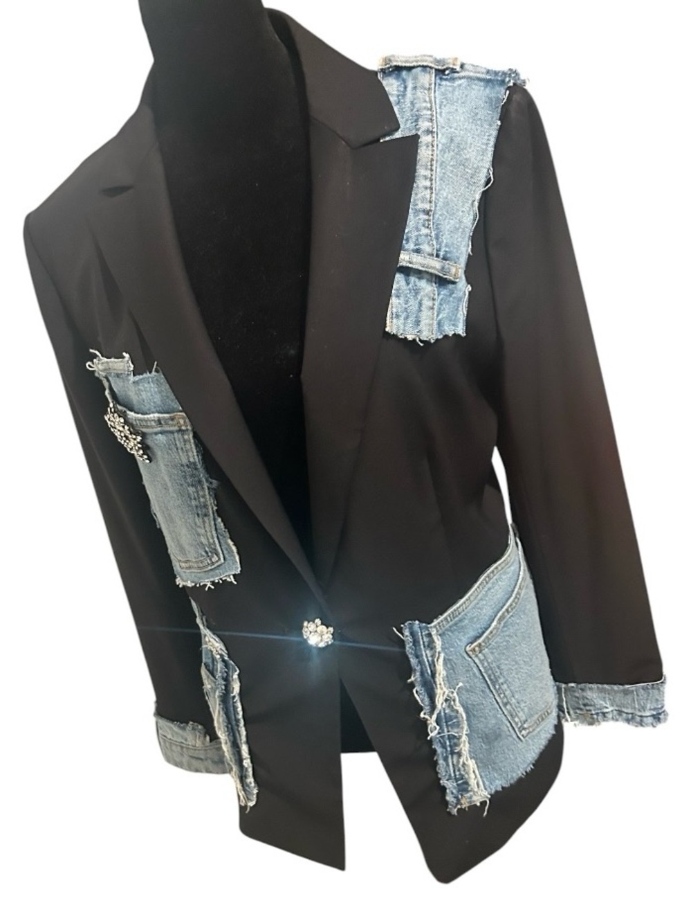 Black Blazer with Denim Patchwork and Crystal Brooches - Picture 5 of 6